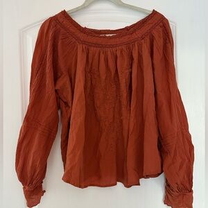 Boho Women's Rust Blouse, Long Sleeves, Buttons Down Back, XL, 100% Cotton